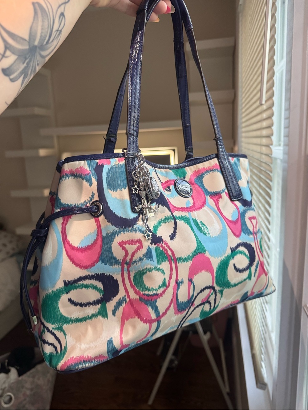 Coach Multicolor Swirl Tote with Navy Trim